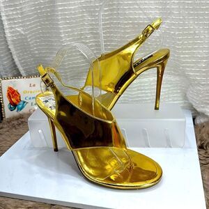 (A2) DKNY Metallic Shiny Leather Peep Toe Heeled Sandals Cia Gold Heels,Size 8.5